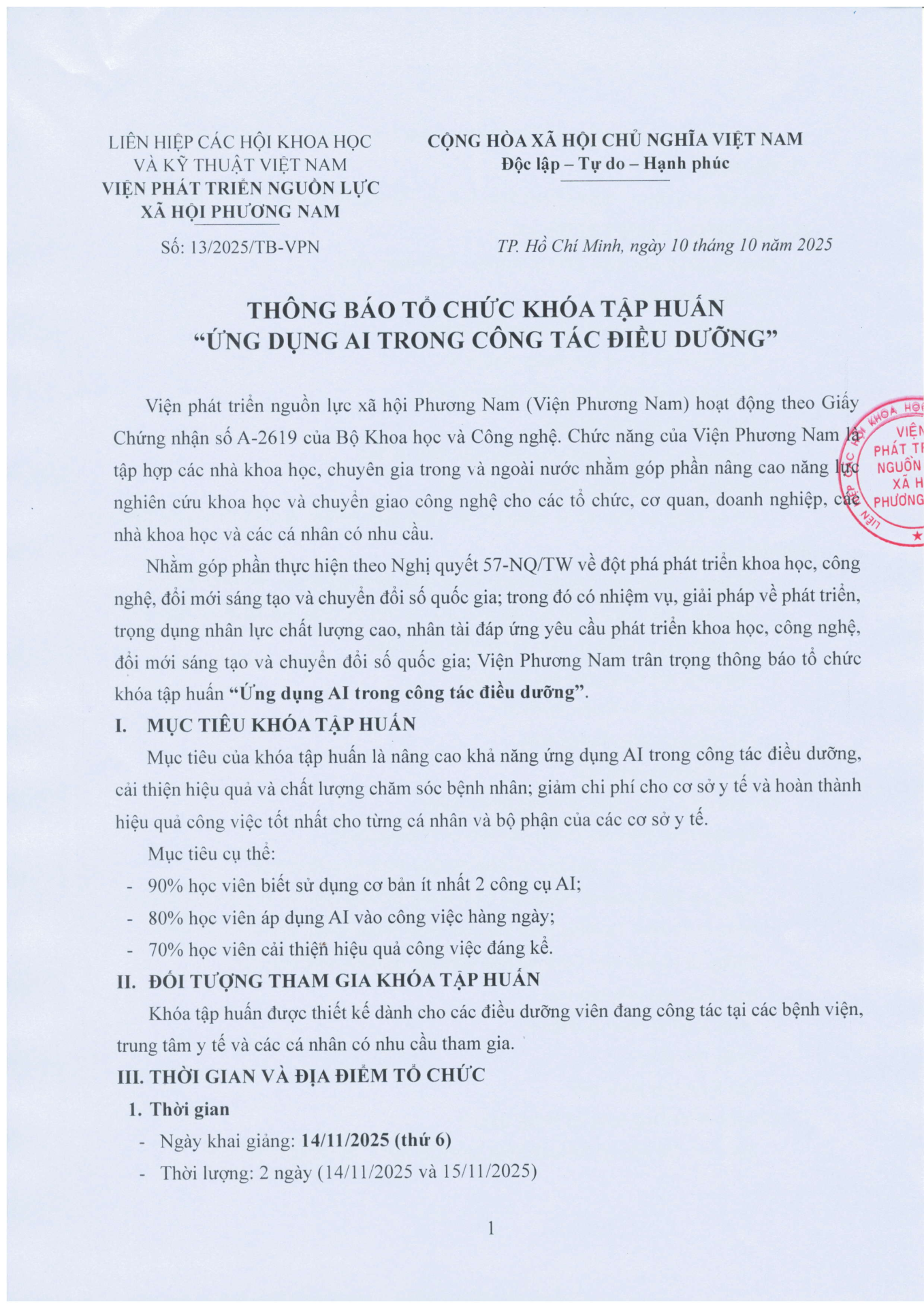 THÔNG BÁO TỔ CHỨC KHÓA TẬP HUẤN “ỨNG DỤNG AI TRONG CÔNG TÁC ĐIỀU DƯỠNG”